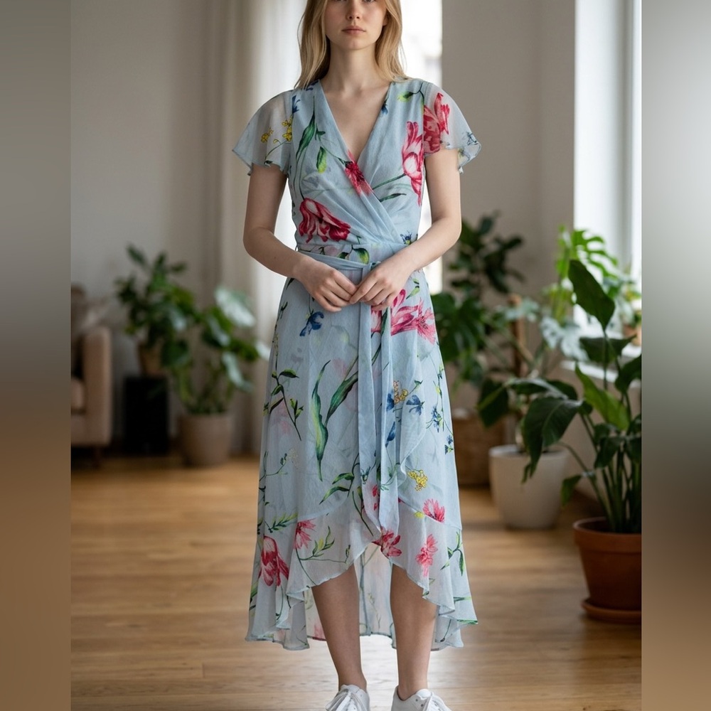 White House Black Market Light Blue Floral High-Low Wrap Dress Midi Size 00